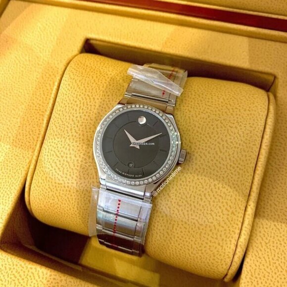Movado Quadro Ladies Black Dial Diamond Bezel - Steel on Bracelet - Picture 1 of 1